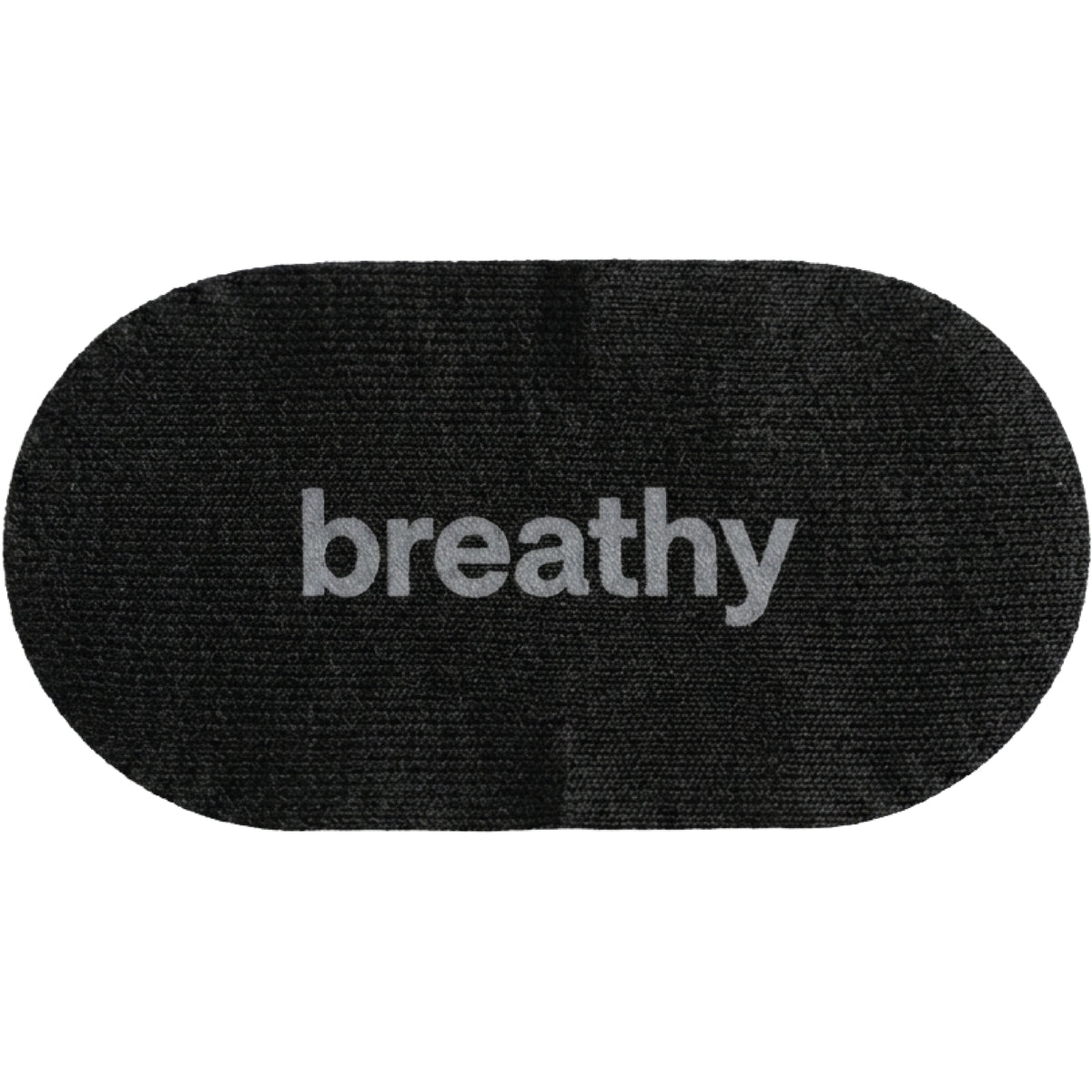 A Breathy black mouth tape textured oval-shaped patch with the word 'breathy' printed in light gray across the center, shown on a plain white background.